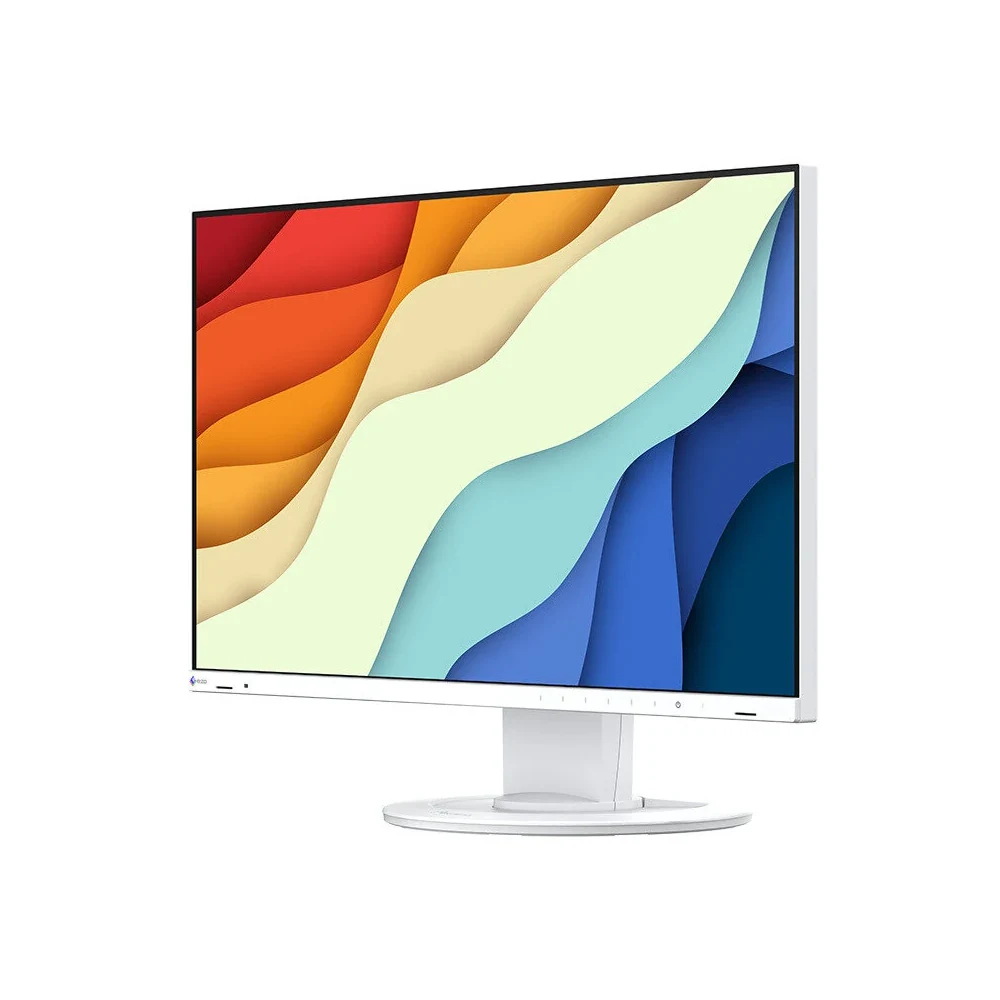 Monitor biurkowy EIZO FlexScan EV2400R-WT – ujęcie z przodu pod kątem, biała obudowa i owalna podstawa — wyswietlanie.com.pl