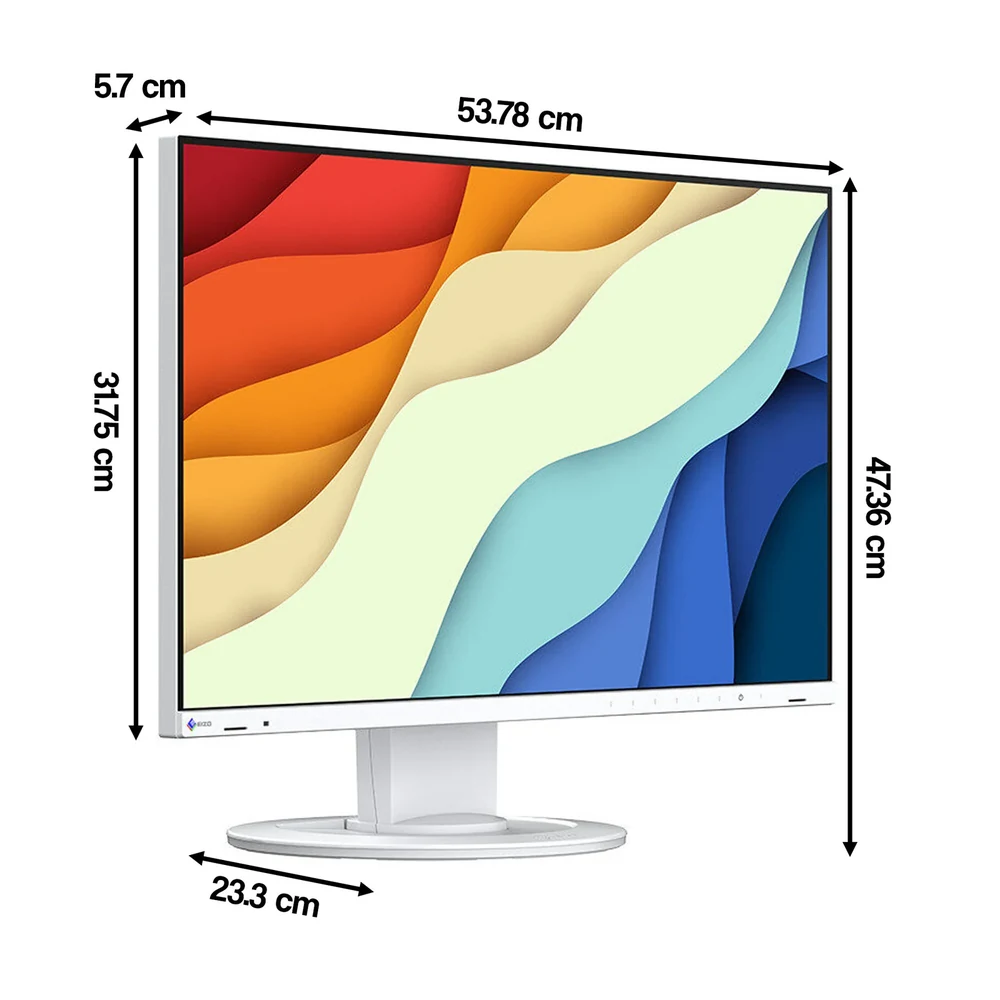 Monitor biurkowy EIZO FlexScan EV2400R-WT – biała obudowa, ujęcie z przodu pod kątem ze strzałkami wymiarowymi — wyswietlanie.com.pl