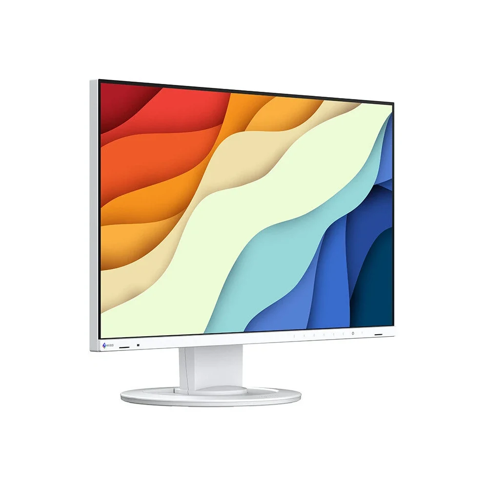 Monitor biurkowy EIZO FlexScan EV2400R-WT – ujęcie z przodu pod kątem, biała obudowa i owalna podstawa — wyswietlanie.com.pl