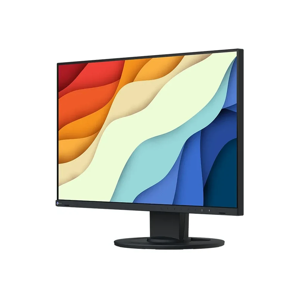 Monitor biurkowy EIZO FlexScan EV2400R-BK – ujęcie z przodu pod kątem, czarna obudowa i owalna podstawa — wyswietlanie.com.pl