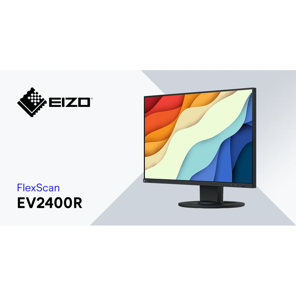 Monitor biurkowy EIZO FlexScan EV2400R-BK – ujęcie ukośne z oznaczeniem serii — wyswietlanie.com.pl