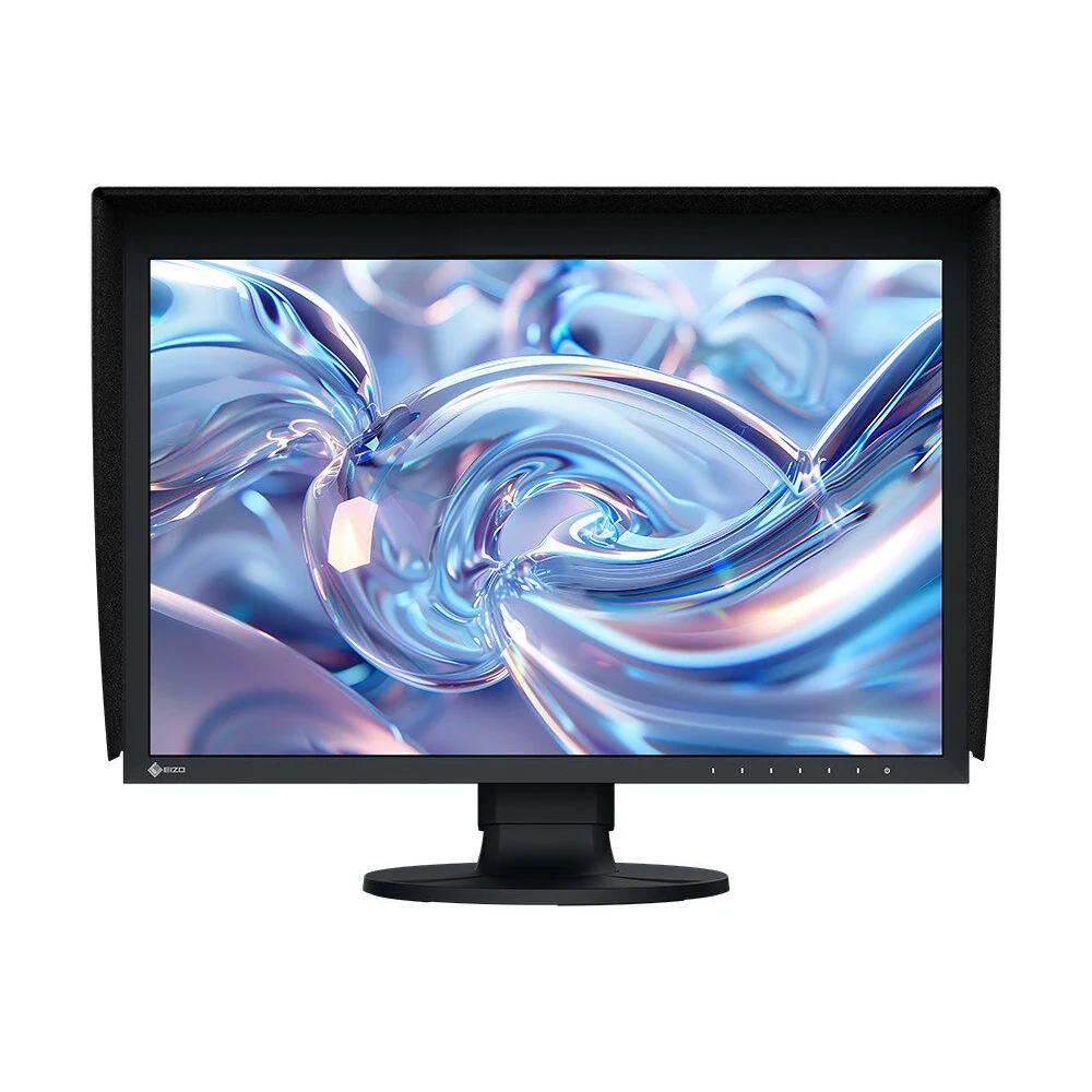 Monitor graficzny EIZO ColorEdge CG2400SV – ujęcie z przodu z kapturem osłaniającym ekran — wyswietlanie.com.pl