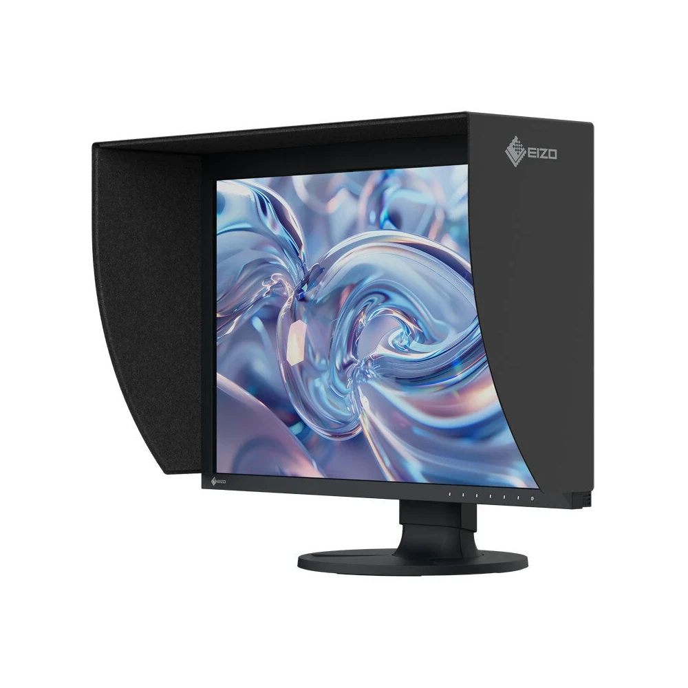Monitor graficzny EIZO ColorEdge CG2400SV – ujęcie z przodu pod kątem, z kapturem osłaniającym ekran — wyswietlanie.com.pl
