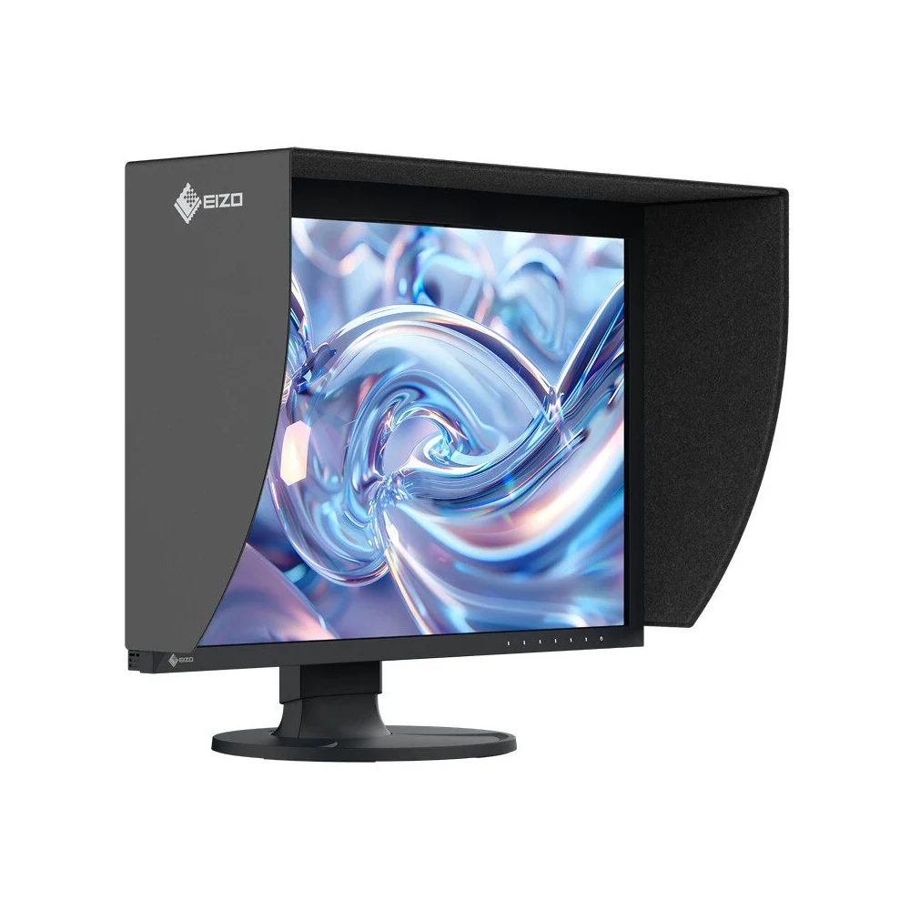 Monitor graficzny EIZO ColorEdge CG2400SV – ujęcie z przodu pod kątem z kapturem osłaniającym ekran — wyswietlanie.com.pl