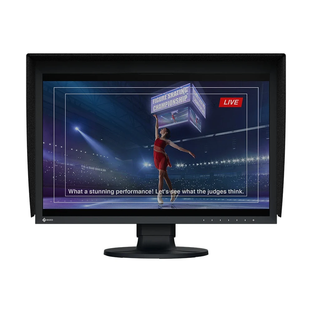 Monitor graficzny EIZO ColorEdge CG2400SV – ujęcie z przodu z kapturem osłaniającym ekran i owalną podstawą — wyswietlanie.com.pl