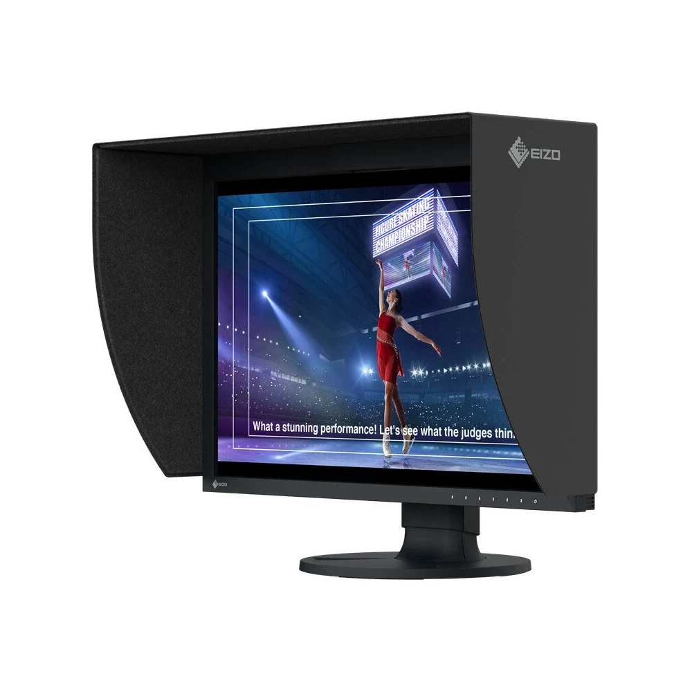 Monitor graficzny EIZO ColorEdge CG2400SV – ujęcie z przodu pod kątem, z kapturem osłaniającym ekran — wyswietlanie.com.pl