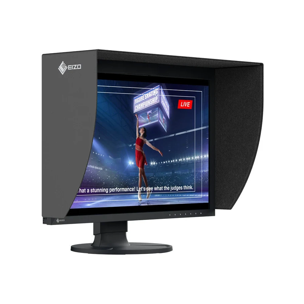Monitor graficzny EIZO ColorEdge CG2400SV – ujęcie z przodu pod kątem, z osłoną ekranu i podstawą — wyswietlanie.com.pl