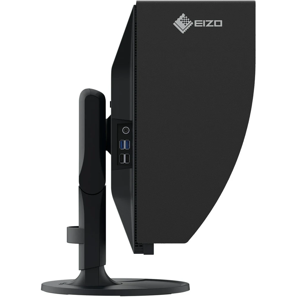 Monitor graficzny EIZO ColorEdge CG2400SV – ujęcie z boku z kapturem osłonowym i złączami USB — wyswietlanie.com.pl