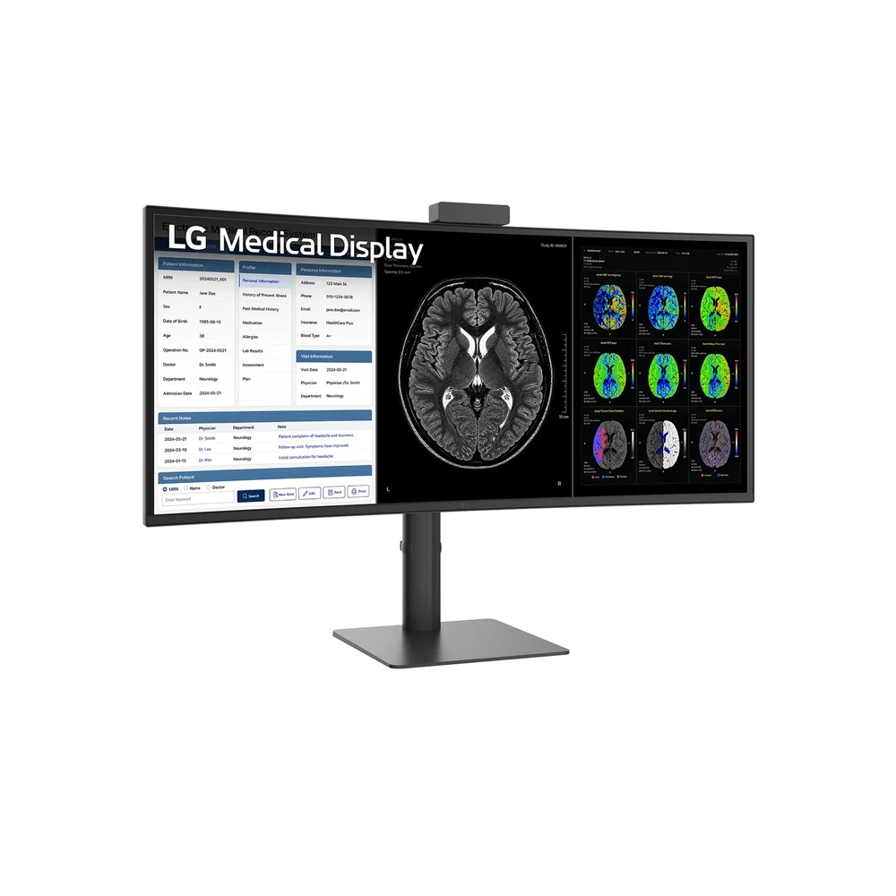 Monitor diagnostyczny LG UltraWide 40″ 40HT513D-B – ujęcie z przodu pod kątem, ekran z obrazami mózgu i prostokątna podstawa — wyswietlanie.com.pl
