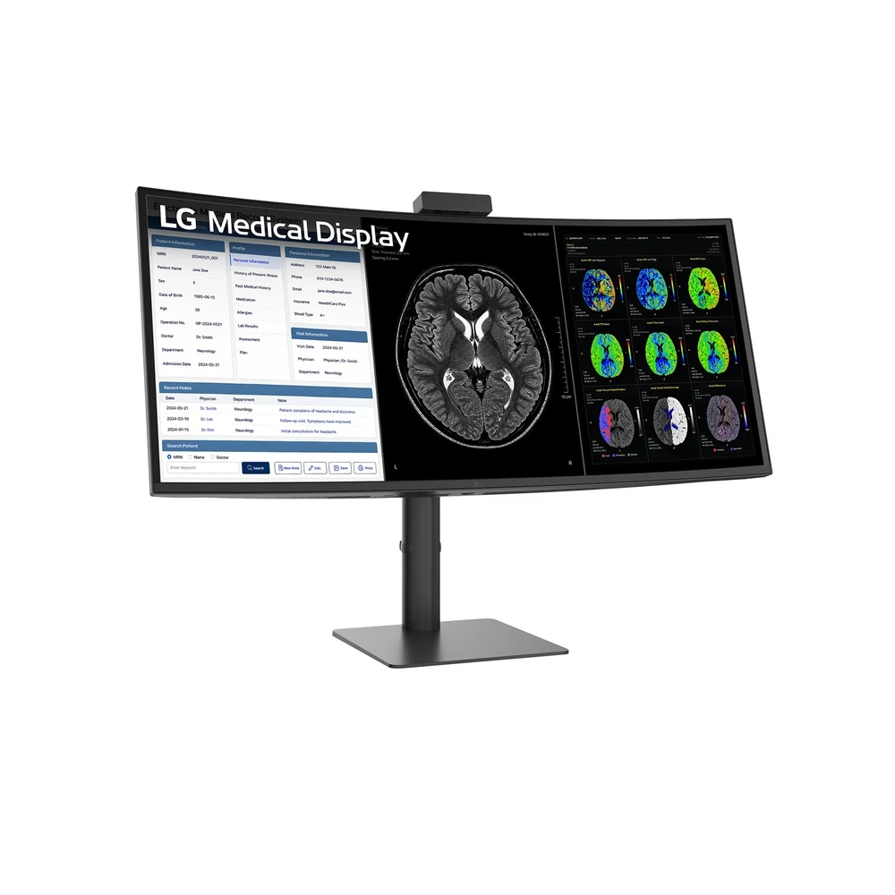 Monitor diagnostyczny LG UltraWide 40″ 40HT513D-B – ujęcie z przodu pod kątem, zakrzywiony ekran na prostokątnej podstawie — wyswietlanie.com.pl