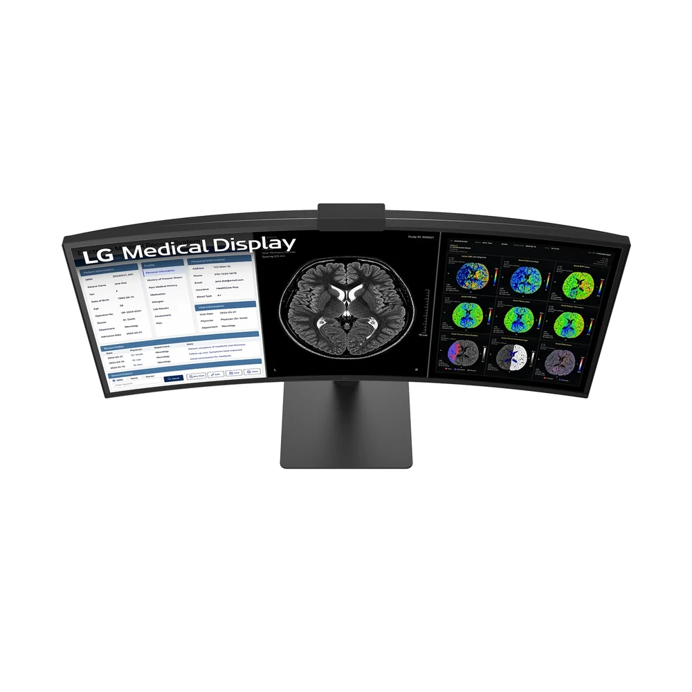 Monitor diagnostyczny LG UltraWide 40″ 40HT513D-B – ujęcie z przodu, zakrzywiony ekran z obrazami mózgu — wyswietlanie.com.pl